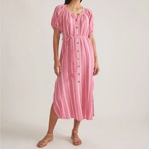 Marine Layer Erin Midi Shirt Dress Fuchsia Pink Stripe Puff Sleeve Size S